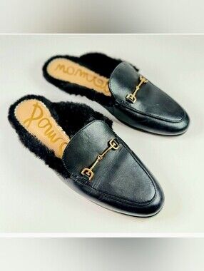 Sam Edelman Linnie Bit Mules Black Leather Faux-Fur Lined with Gold Horsebit 8.5